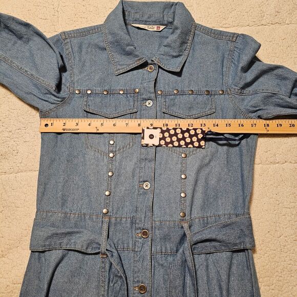 NWT Women Sz Small Given Kale Blue Light denim jean dress metal rhineston belted - Picture 5 of 11